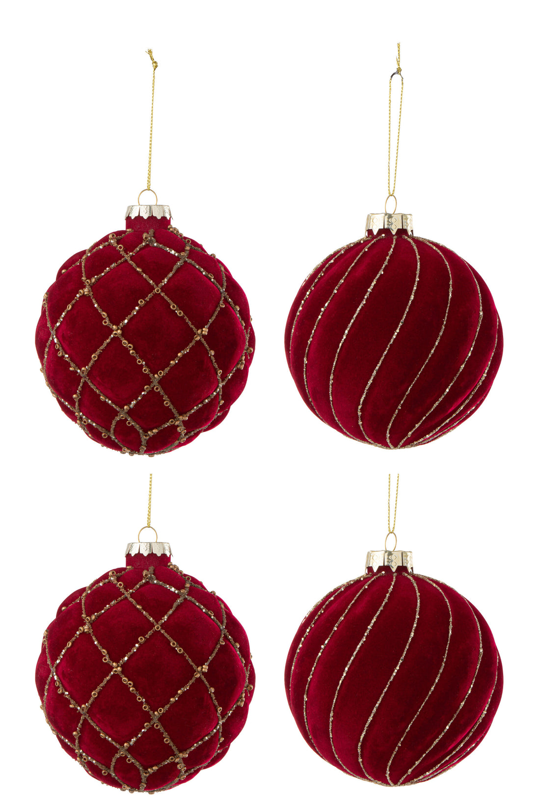 Doos van 4 kerstballen 2+2 lijnen/geruit fluweel rood/goud