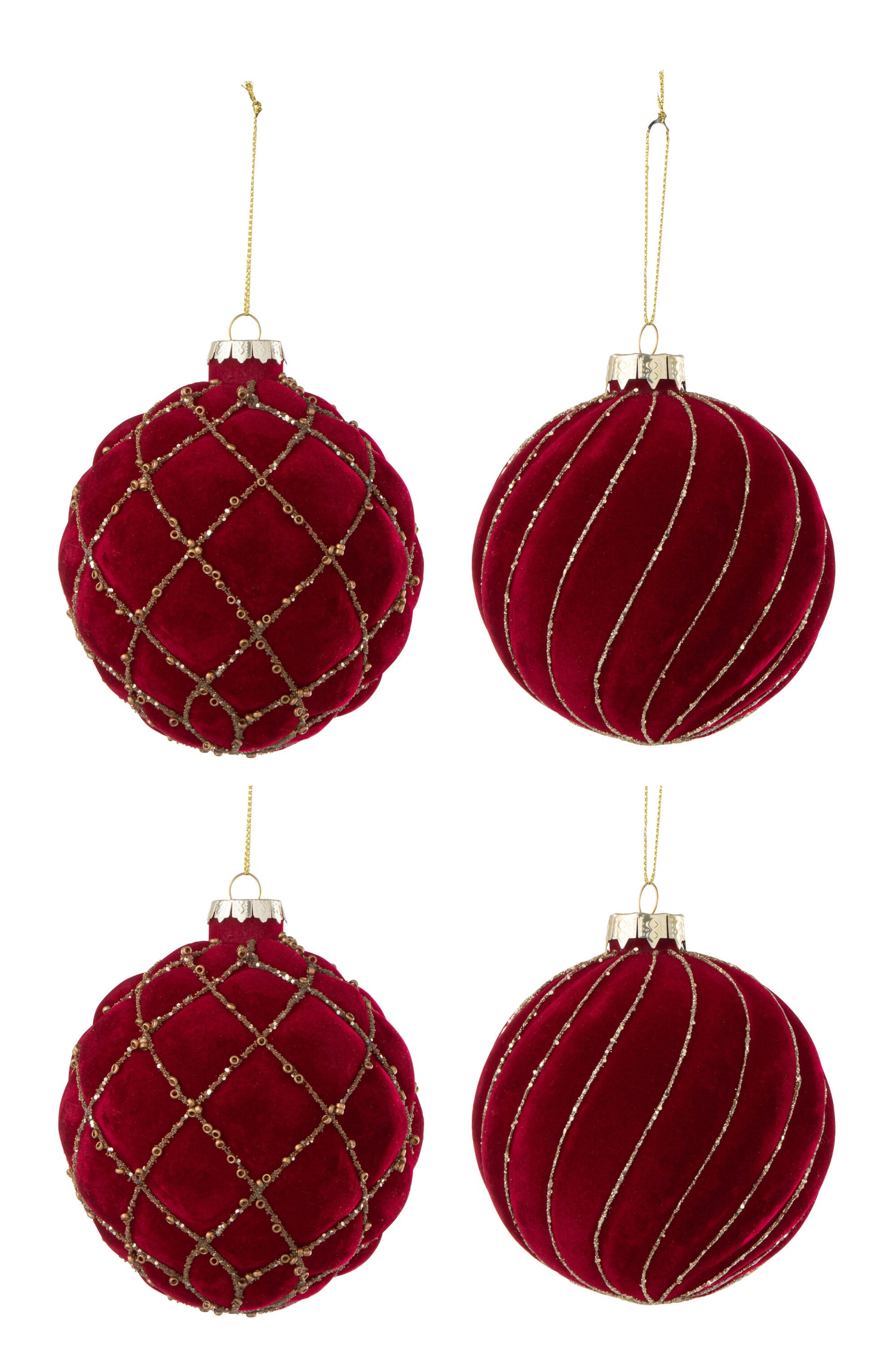 Doos van 4 kerstballen 2+2 lijnen/geruit fluweel rood/goud