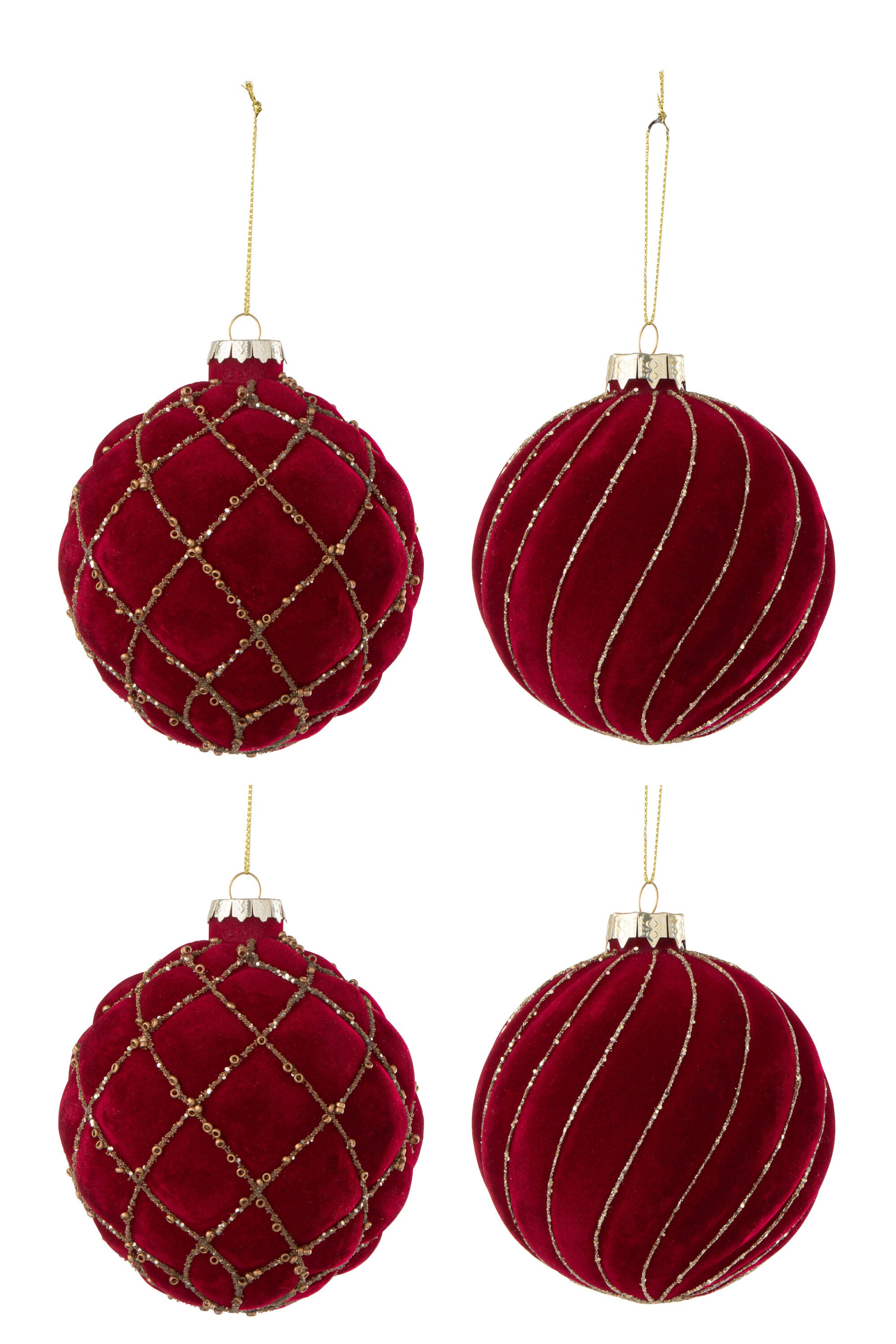Doos van 4 kerstballen 2+2 lijnen/geruit fluweel rood/goud