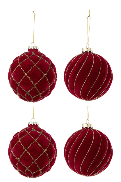 Doos van 4 kerstballen 2+2 lijnen/geruit fluweel rood/goud