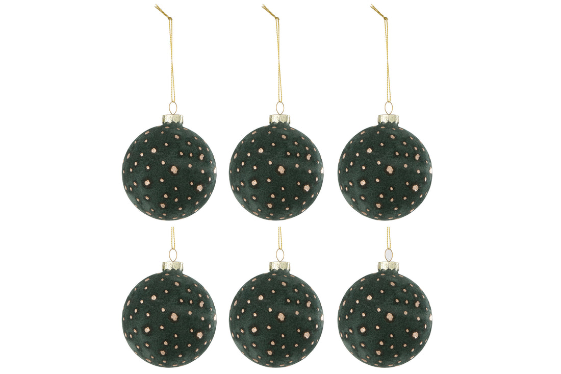 J-Line Doos Van 6 Kerstbal Stippen Fluweel Groen/Goud