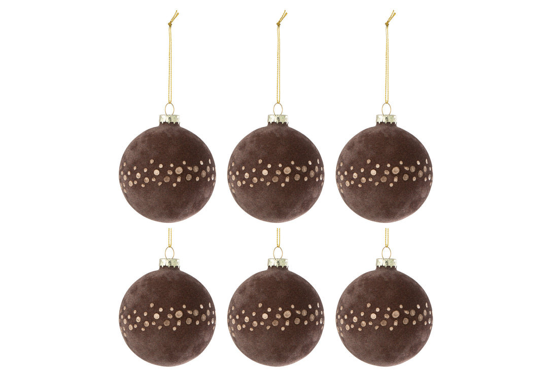 J-Line Doos Van 6 Kerstbal Stippen Fluweel Bruin/Goud