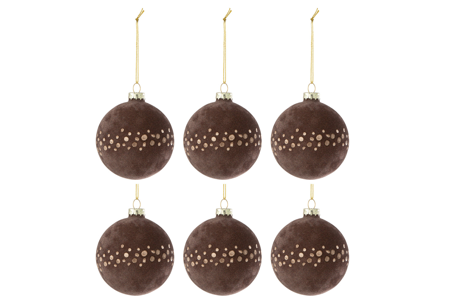 J-Line Doos Van 6 Kerstbal Stippen Fluweel Bruin/Goud