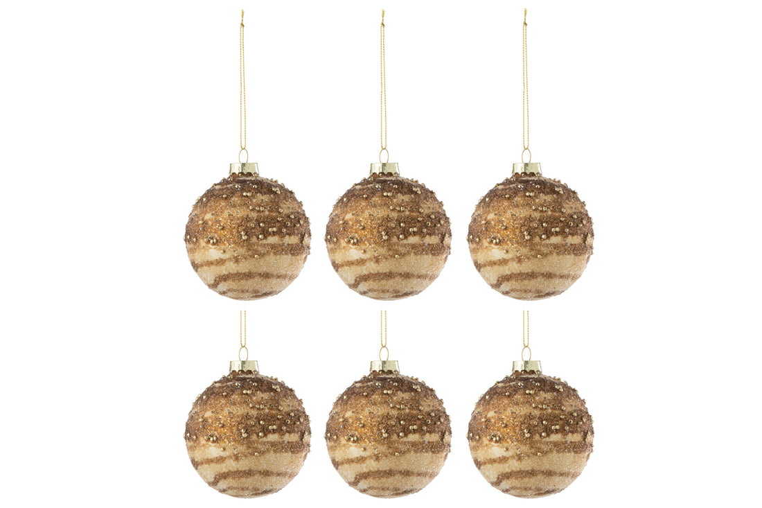 J-Line Doos Van 6 Kerstbal Lijnen Pailletten Glas Bruin