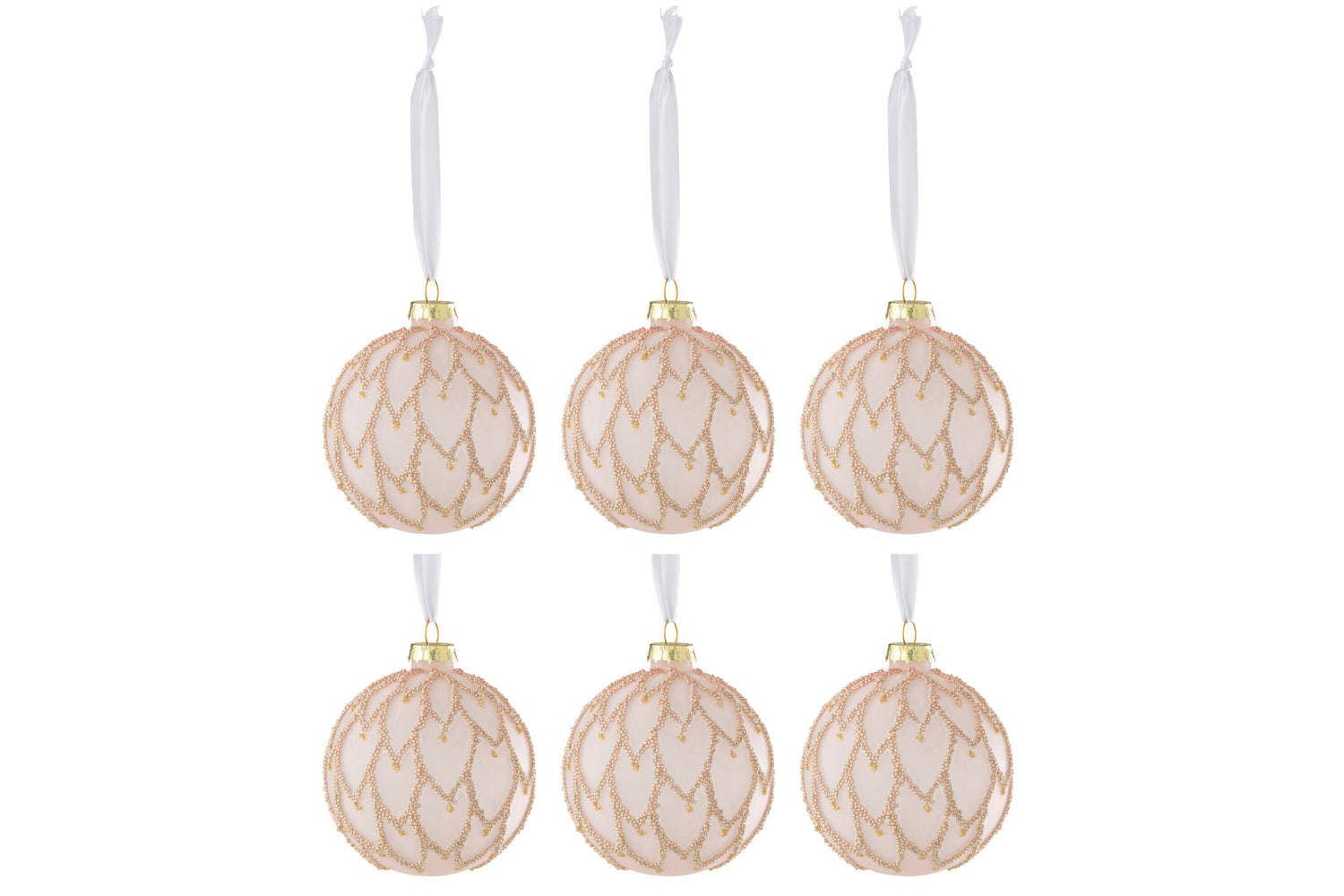 J-Line Doos Van 6 Kerstbal Harten Parels Glas Bevroren Licht Roze