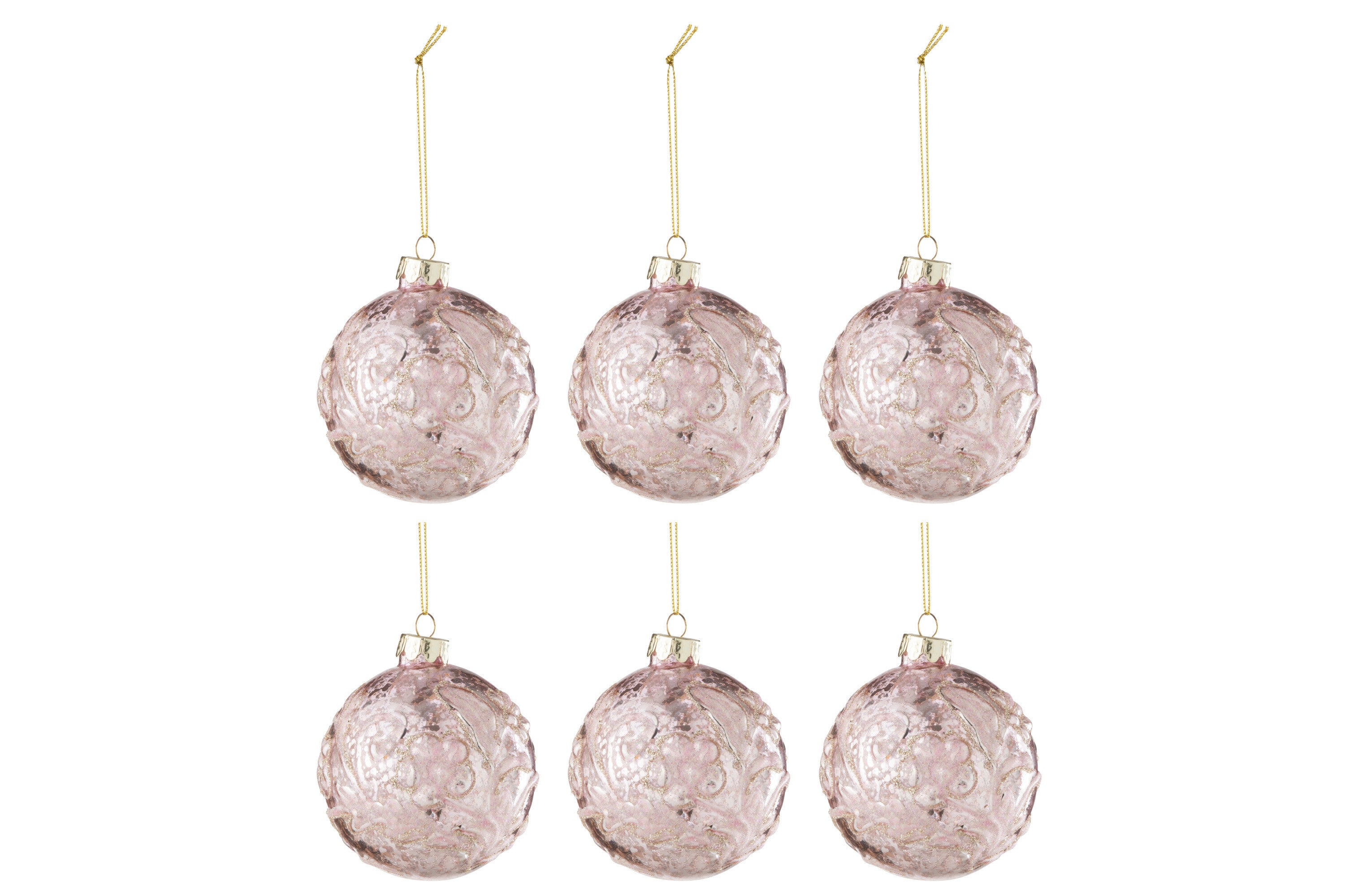 J-Line Doos Van 6 Kerstbal Motief Roos Pailletten Glas Licht Roze Small