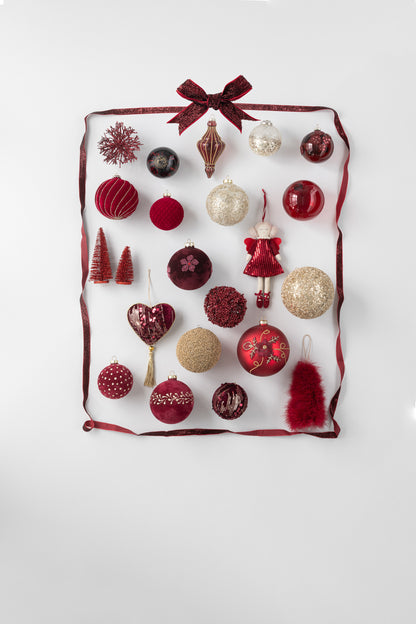 Doos met 6 kerstbal stippen fluweel Bordeaux/Goud