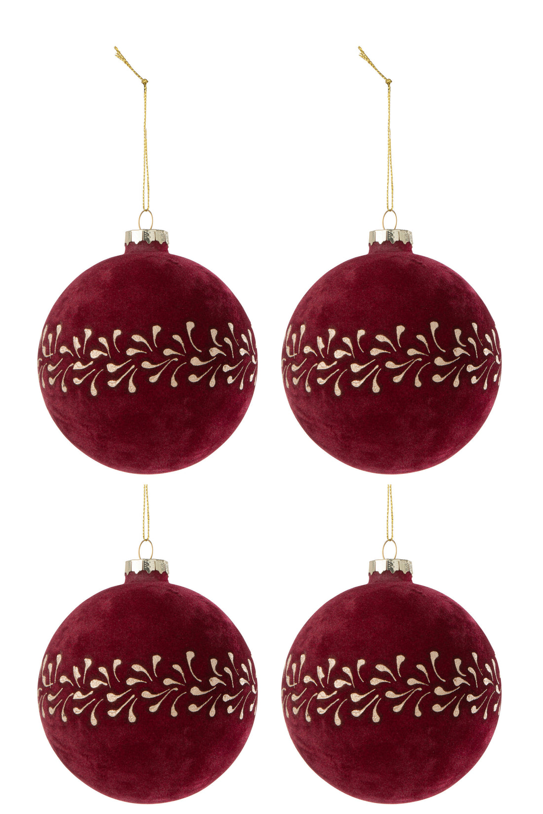Doos met 4 kerstbal motief fluweel Bordeaux/Goud