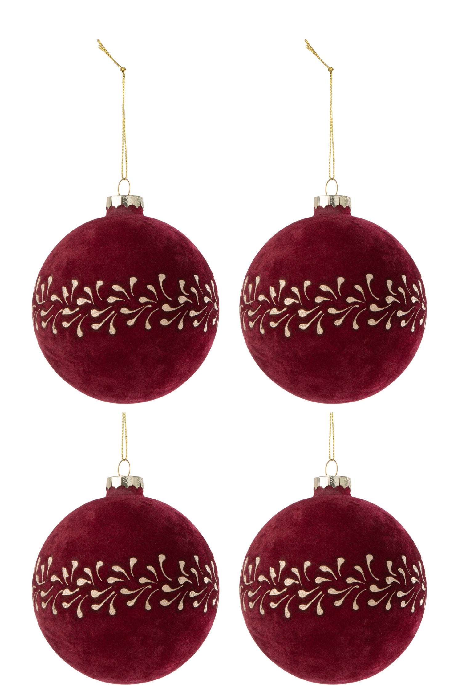 Doos met 4 kerstbal motief fluweel Bordeaux/Goud