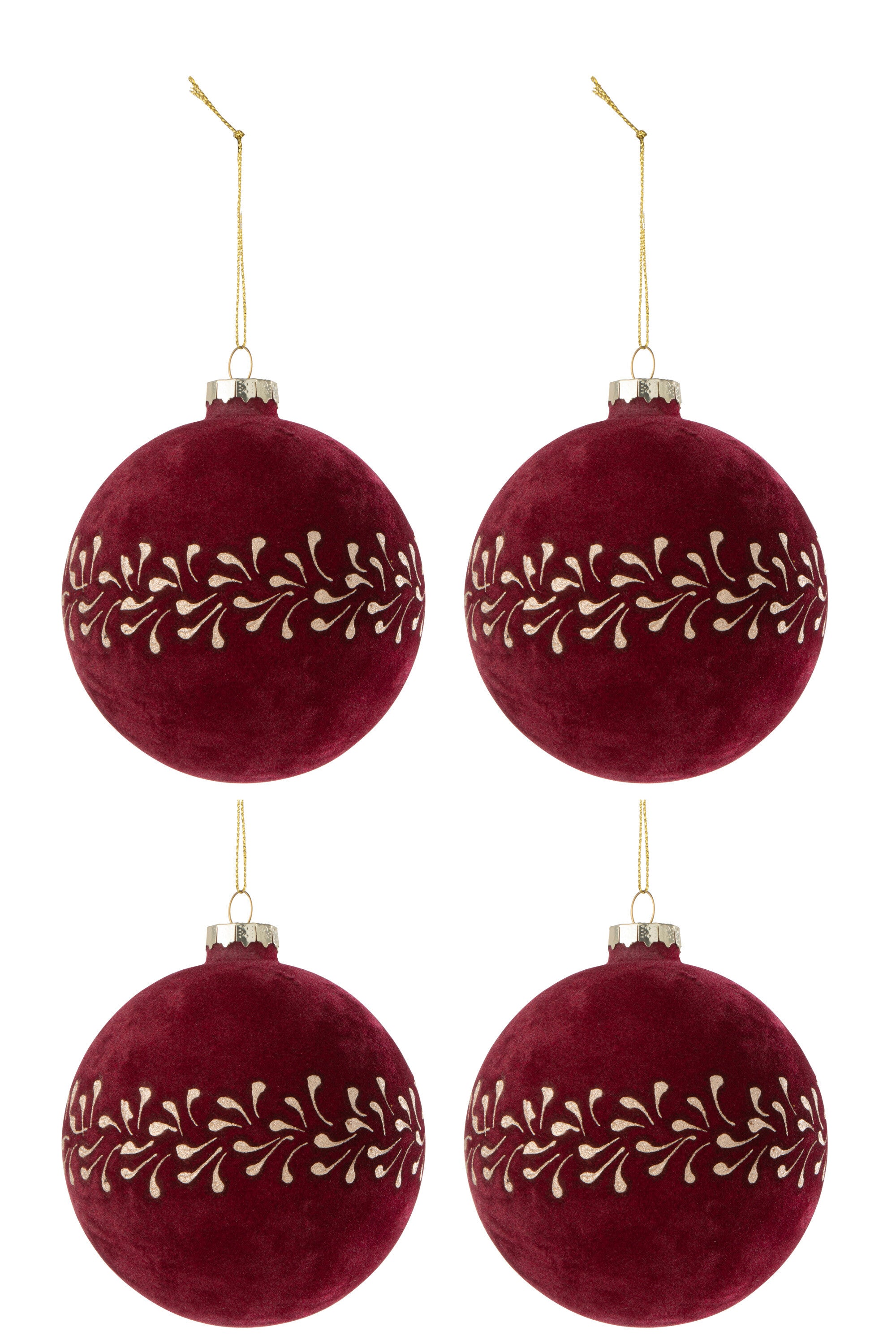 Doos met 4 kerstbal motief fluweel Bordeaux/Goud