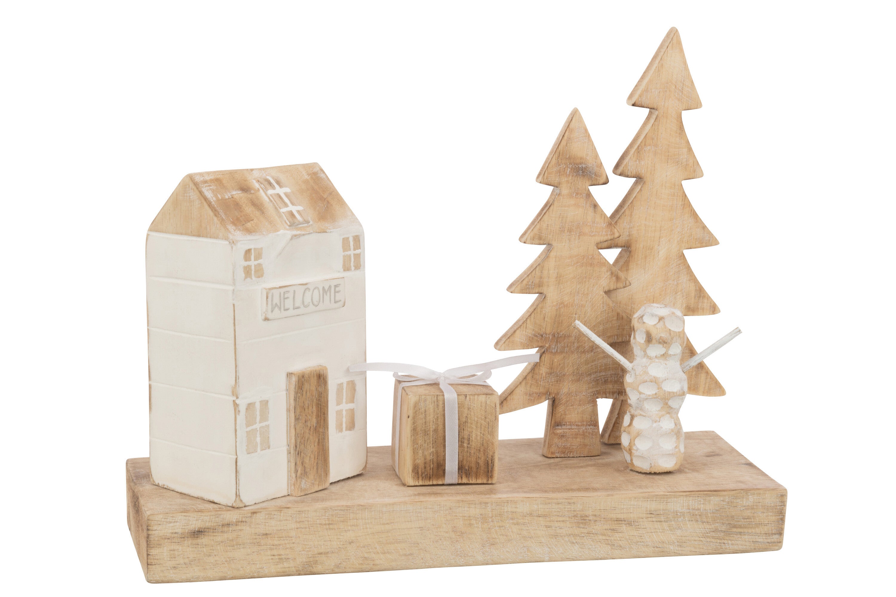 J-Line Kerstdorp zonder verlichting - hout - naturel/ wit - 30 cm