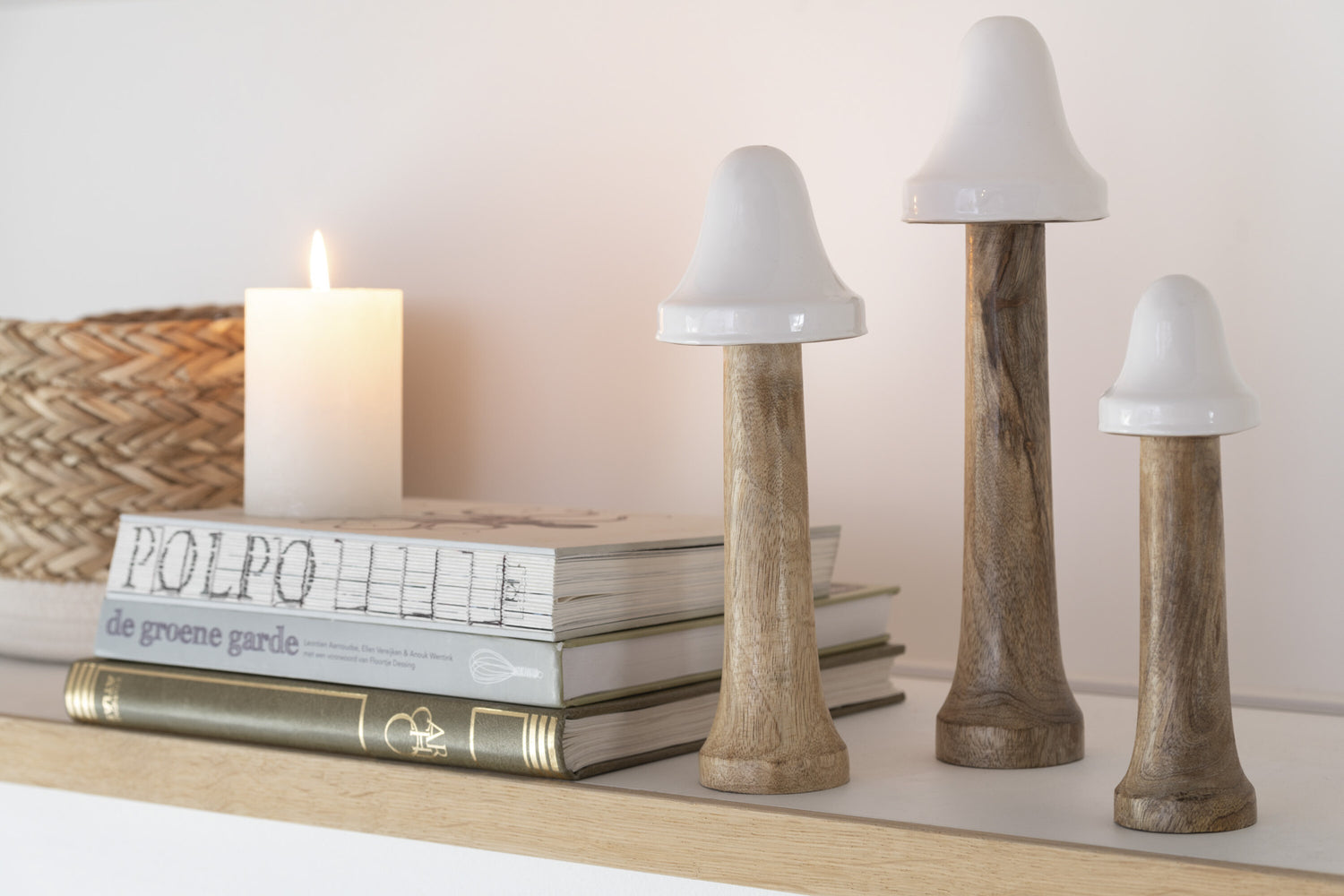 Set van 3 paddenstoelen dun hout natuurlijk/wit