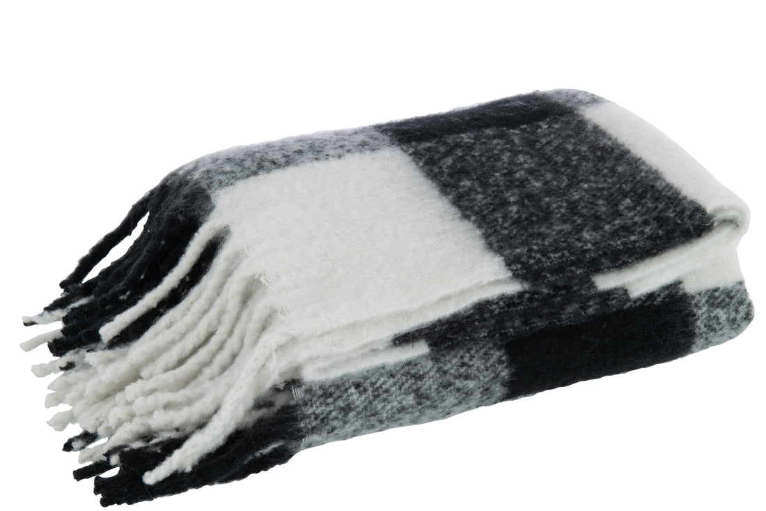 J-Line Plaid tegels - polyester - zwart/ wit - 152 x 127 cm