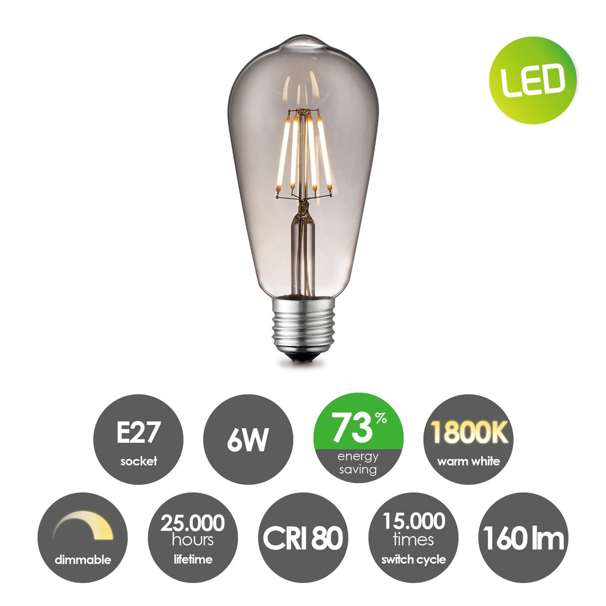 dimbare Led Drop E27 ST64 6W 160Lm 1800K Helder