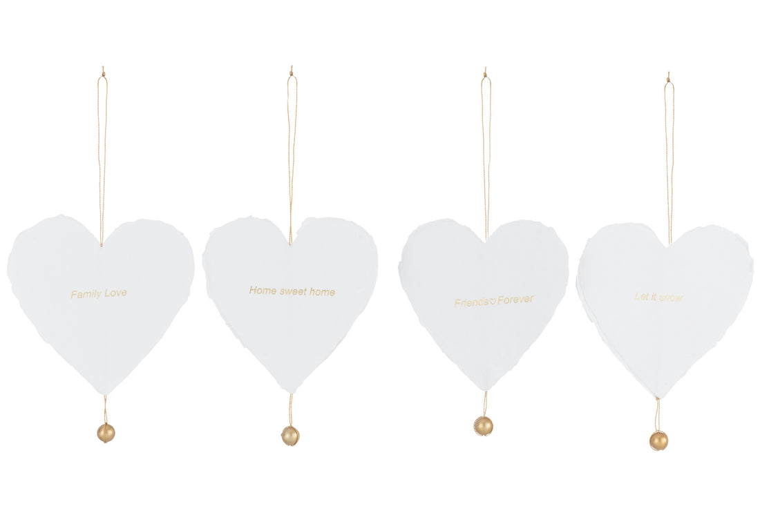 Pakket van 4 hanger hart met 4 soorten tekst katoen mache wit met goud.