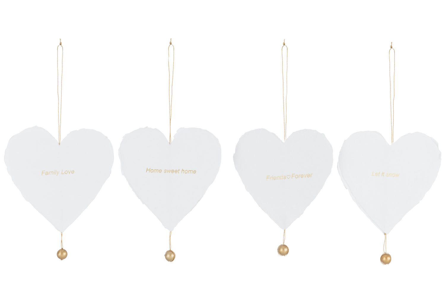 Pakket van 4 hanger hart met 4 soorten tekst katoen mache wit met goud.