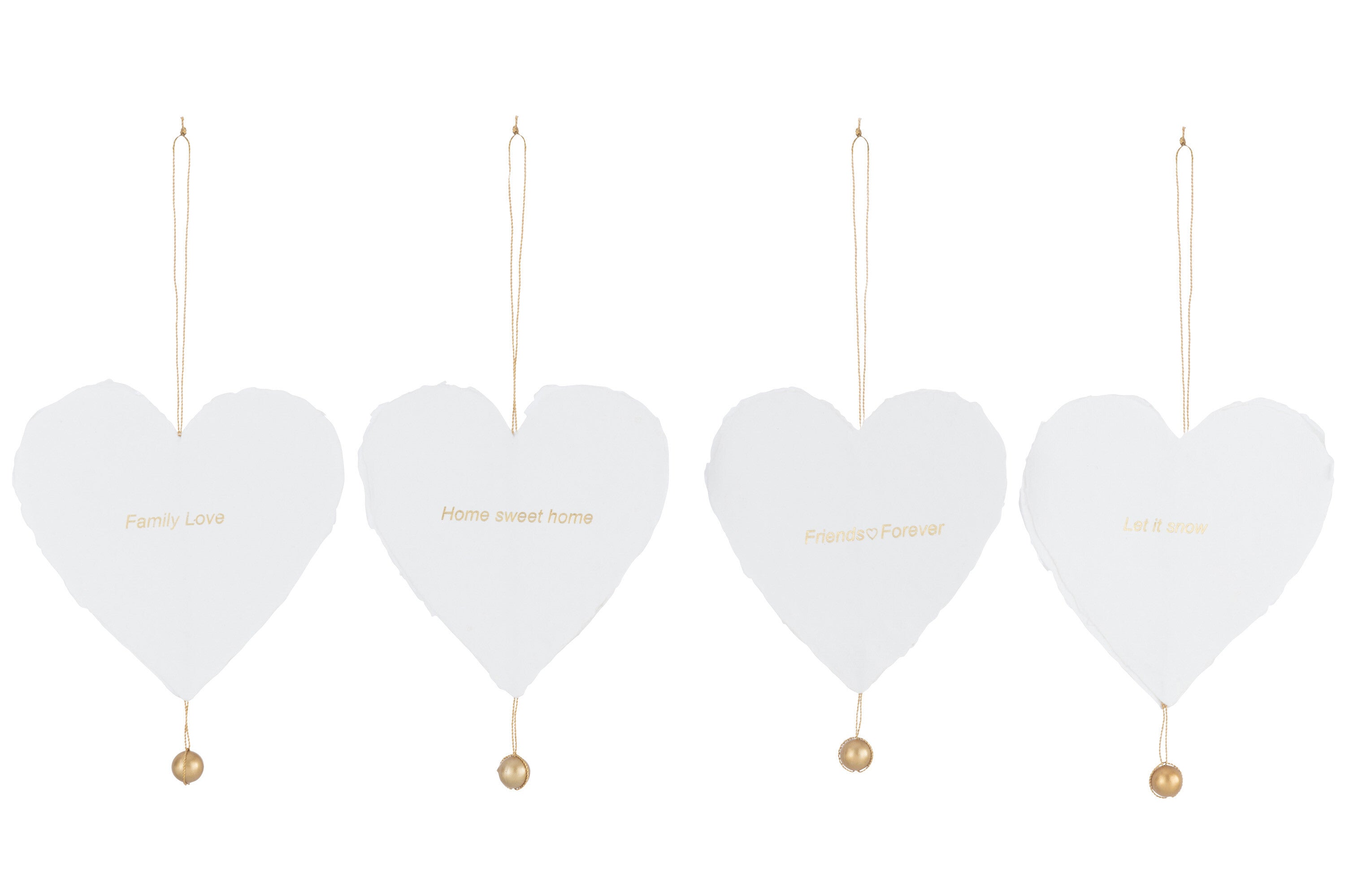 Pakket van 4 hanger hart met 4 soorten tekst katoen mache wit met goud.