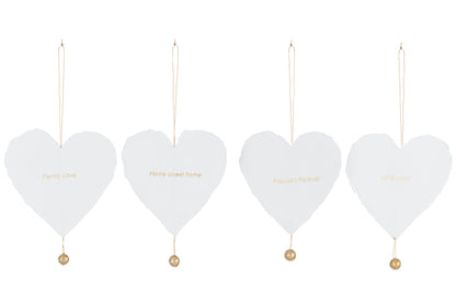 Pakket van 4 hanger hart met 4 soorten tekst katoen mache wit met goud.