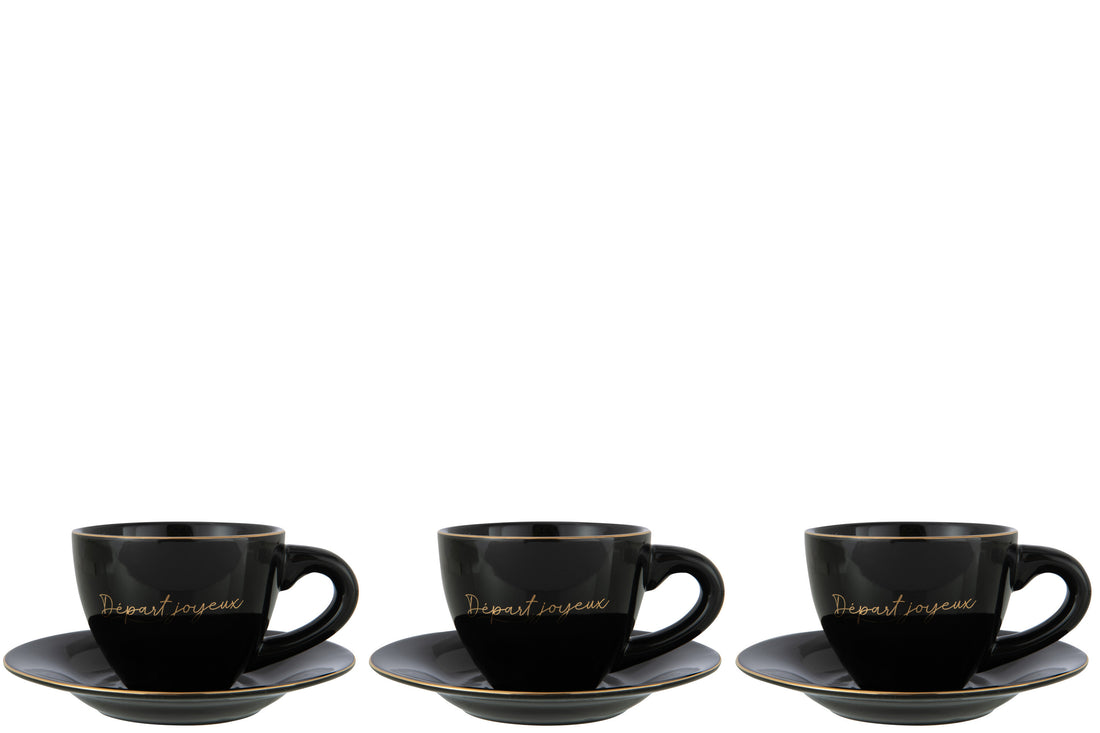 J-Line D - part Joyeux kopje + schoteltje - porselein - zwart/ goud - 3x