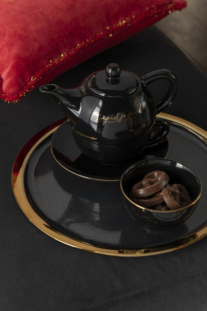 J-Line D - part Joyeux theekopje + theepot - porselein - zwart/ goud