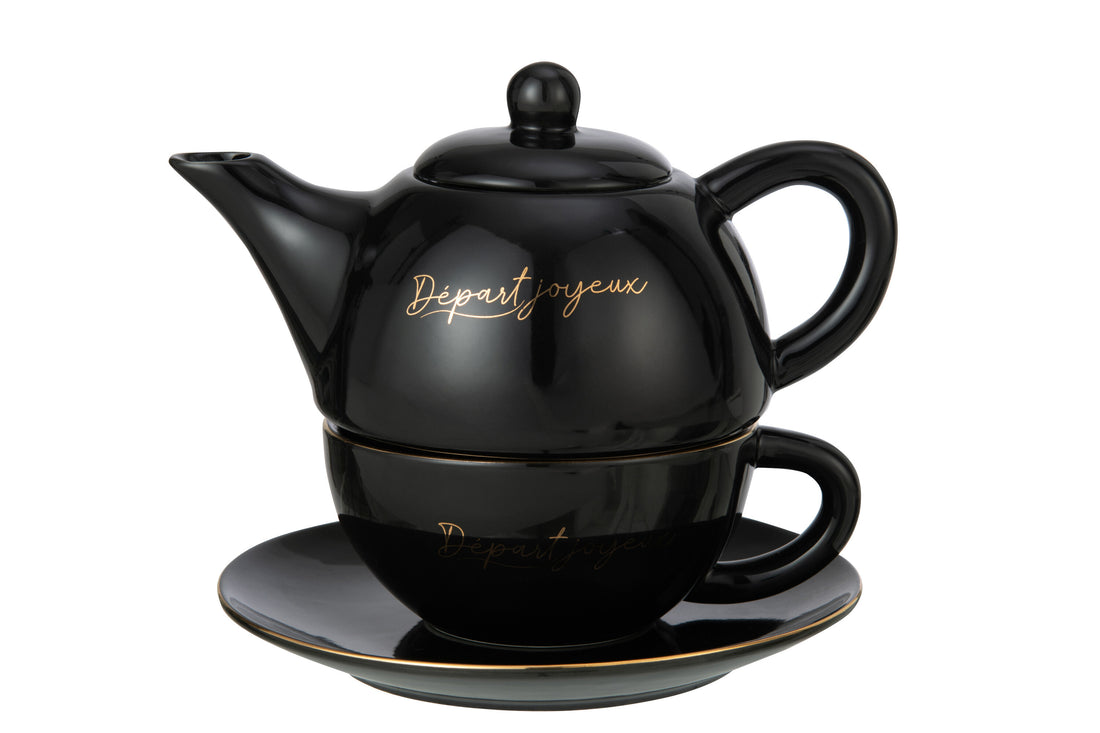 J-Line D - part Joyeux theekopje + theepot - porselein - zwart/ goud
