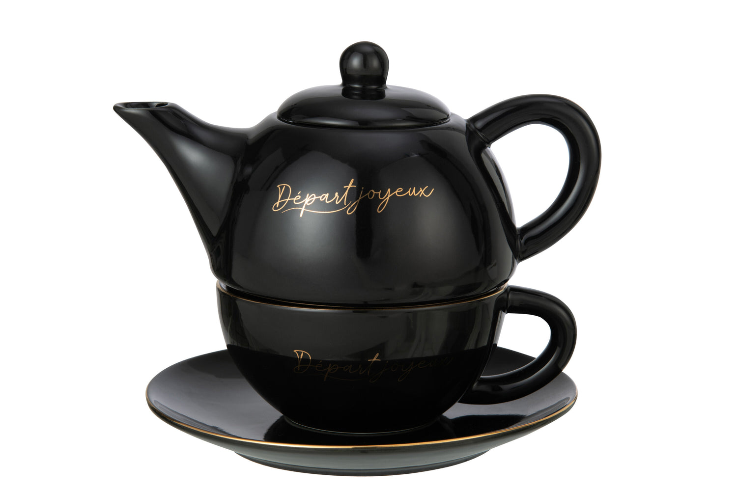 J-Line D - part Joyeux theekopje + theepot - porselein - zwart/ goud