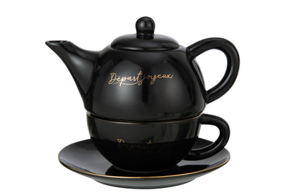 J-Line D - part Joyeux theekopje + theepot - porselein - zwart/ goud
