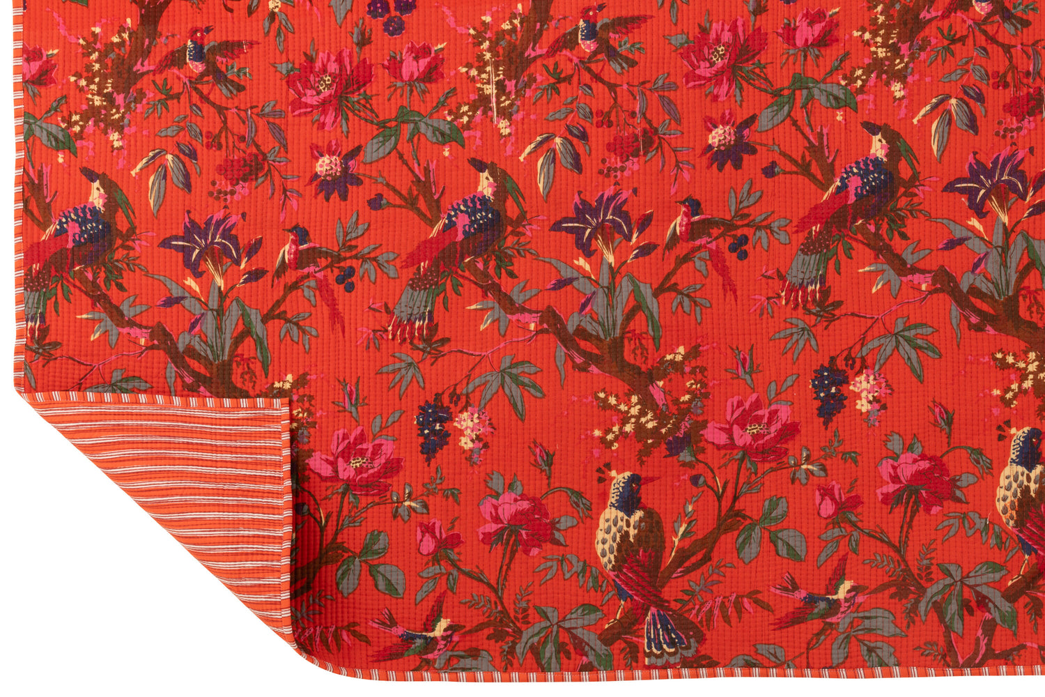 Geruite Vogels/Bloemen Katoenen Fluweel Oranje