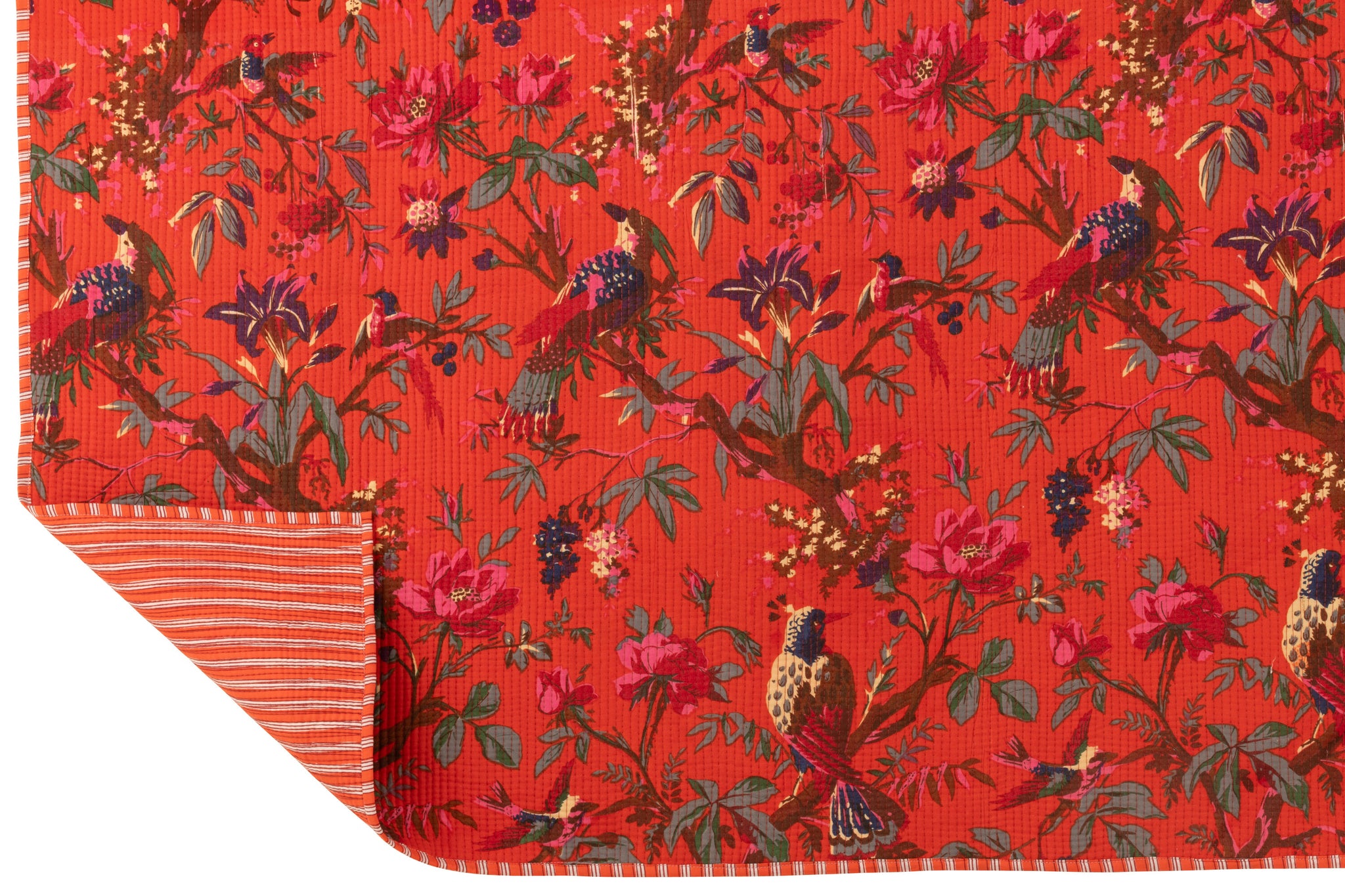 Geruite Vogels/Bloemen Katoenen Fluweel Oranje