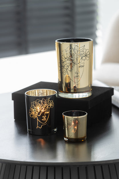 Theelichthouder Lady Hair Flowers Glas Zwart/Goud Klein Assortiment Van 2