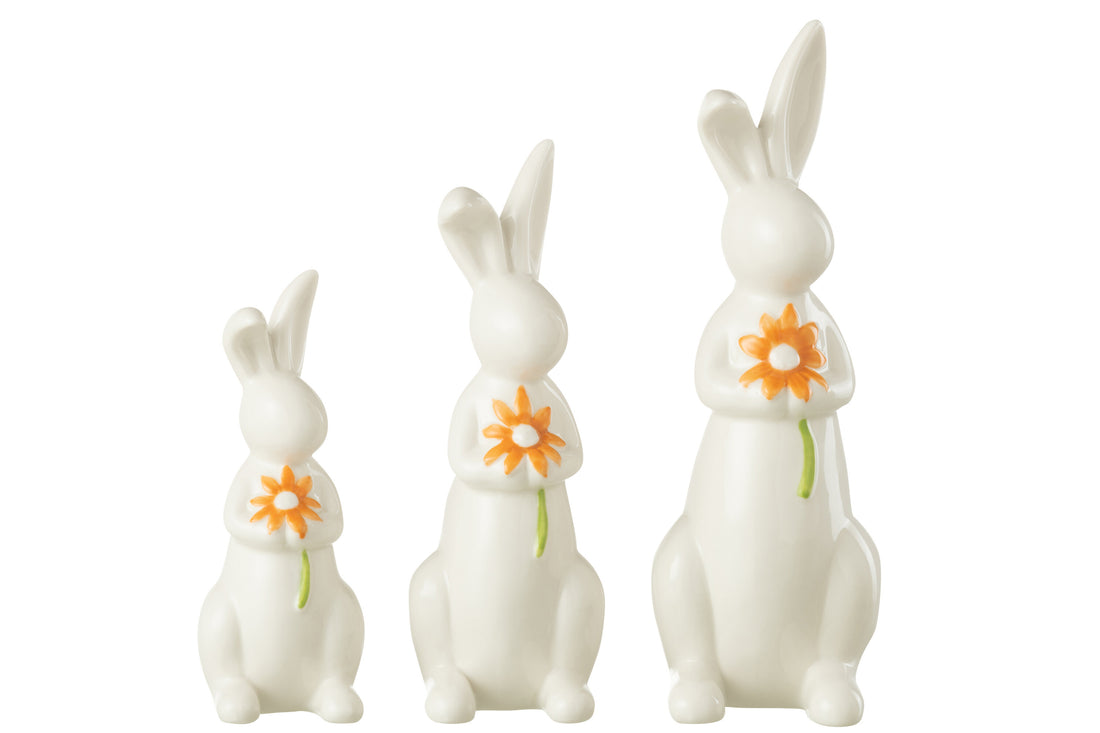 J-Line Set Van 3 Konijnen Bloemen Porselein Oranje/Wit
