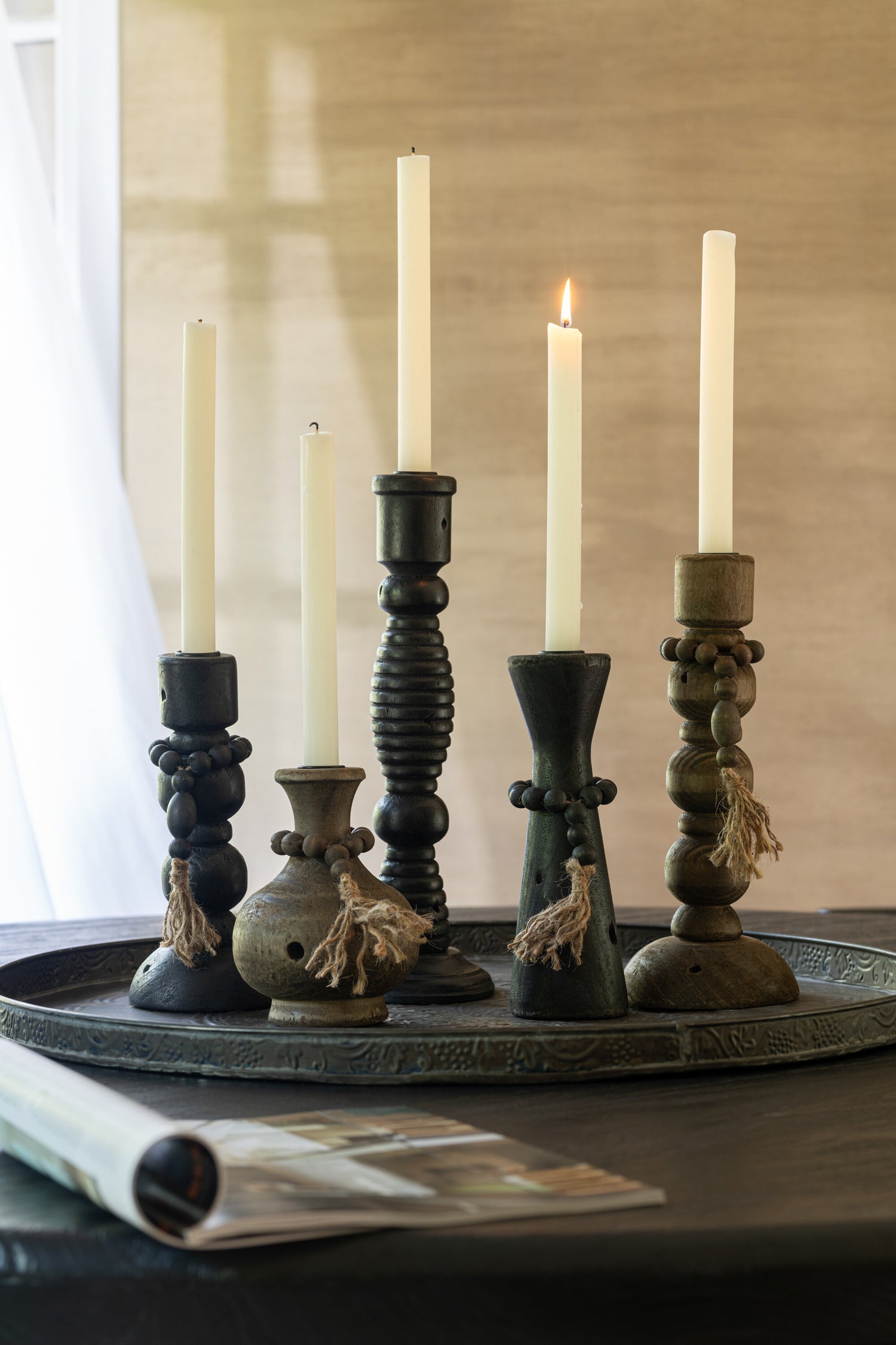 Kaarsenhouder Noten Grenen/IJzer Zwart/Bruin Assortiment Van 2