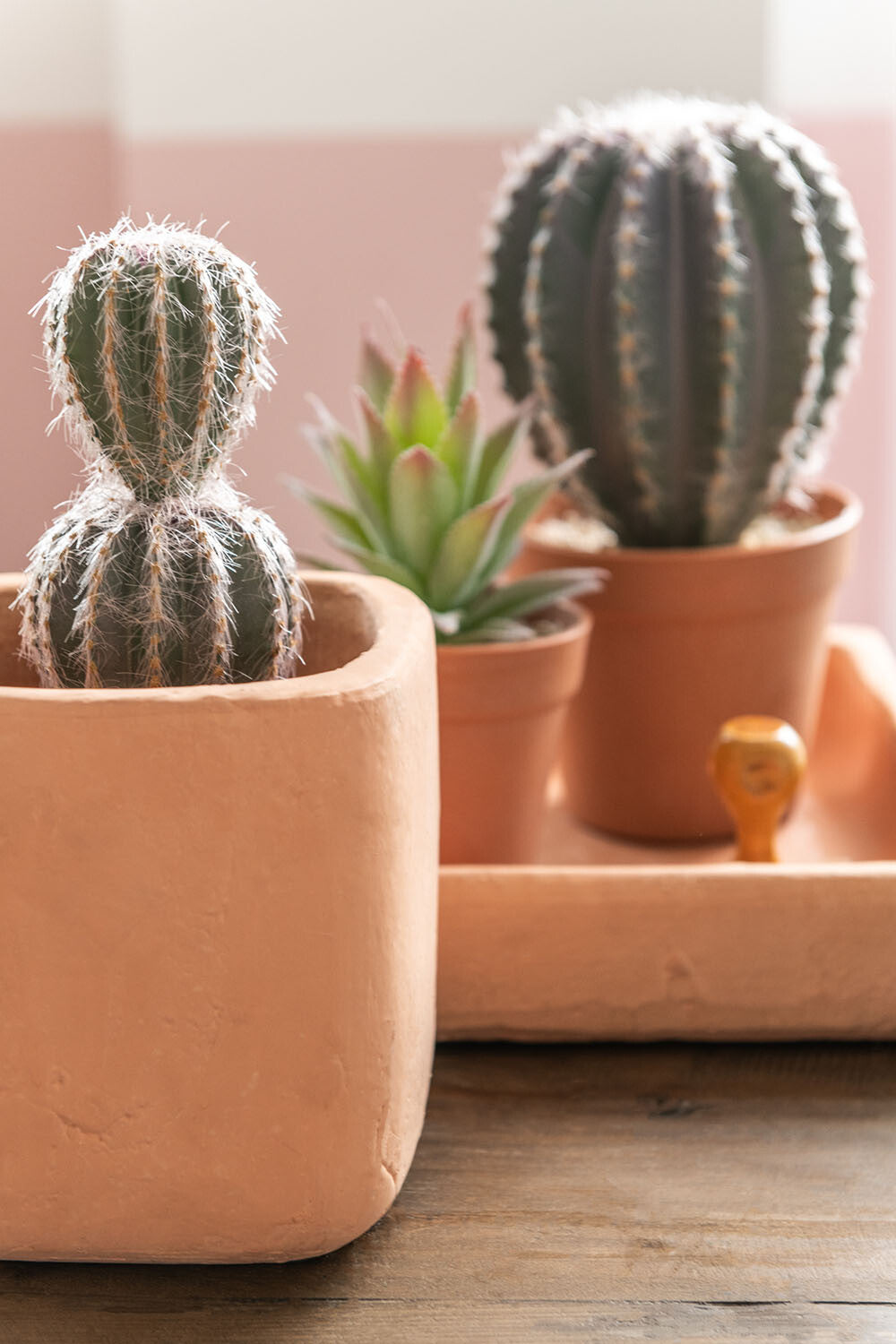 J-Line Cactus Bolvormig+Pot Kunststof Groen/Terracotta Small