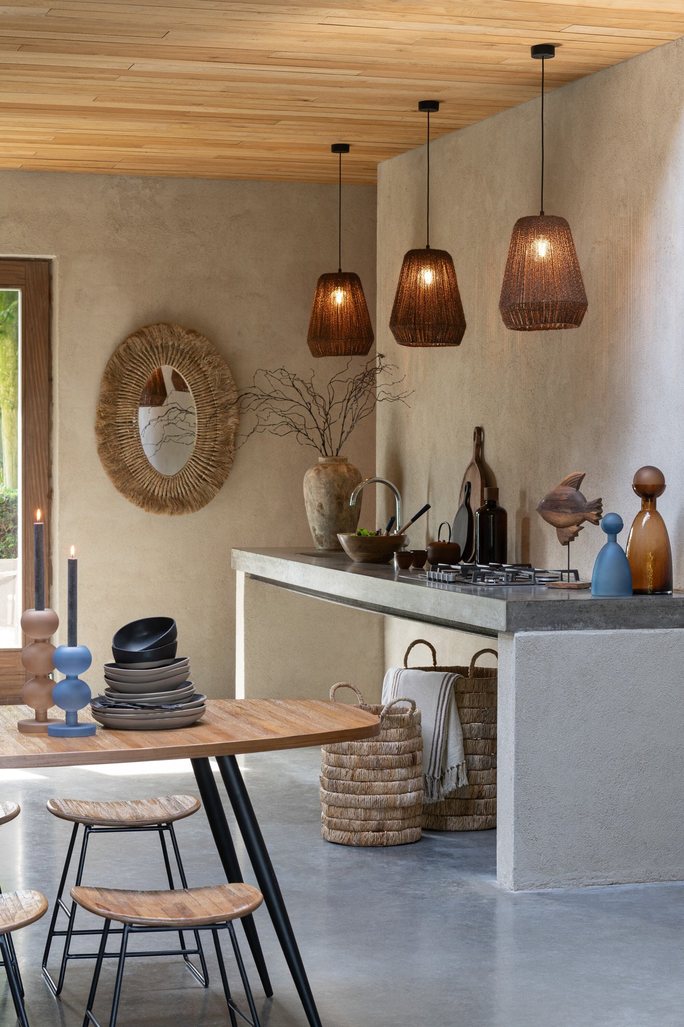 J-Line Spiegel Rond Gevlochten Gras Naturel Large