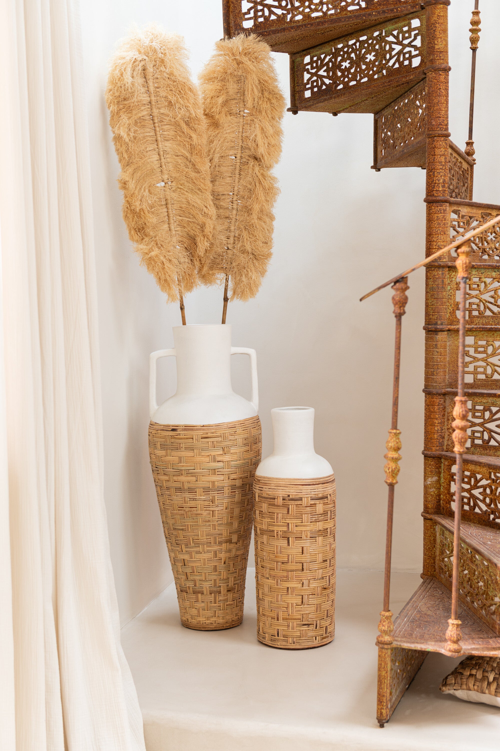 Vaas Weven+Handvatten Terracotta/Riet Wit/Natuurlijk