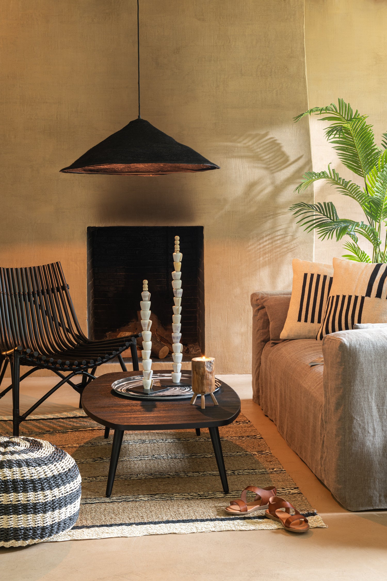 Pouf Ronde Strepen Geweven Plastic Zwart/Natuurlijk