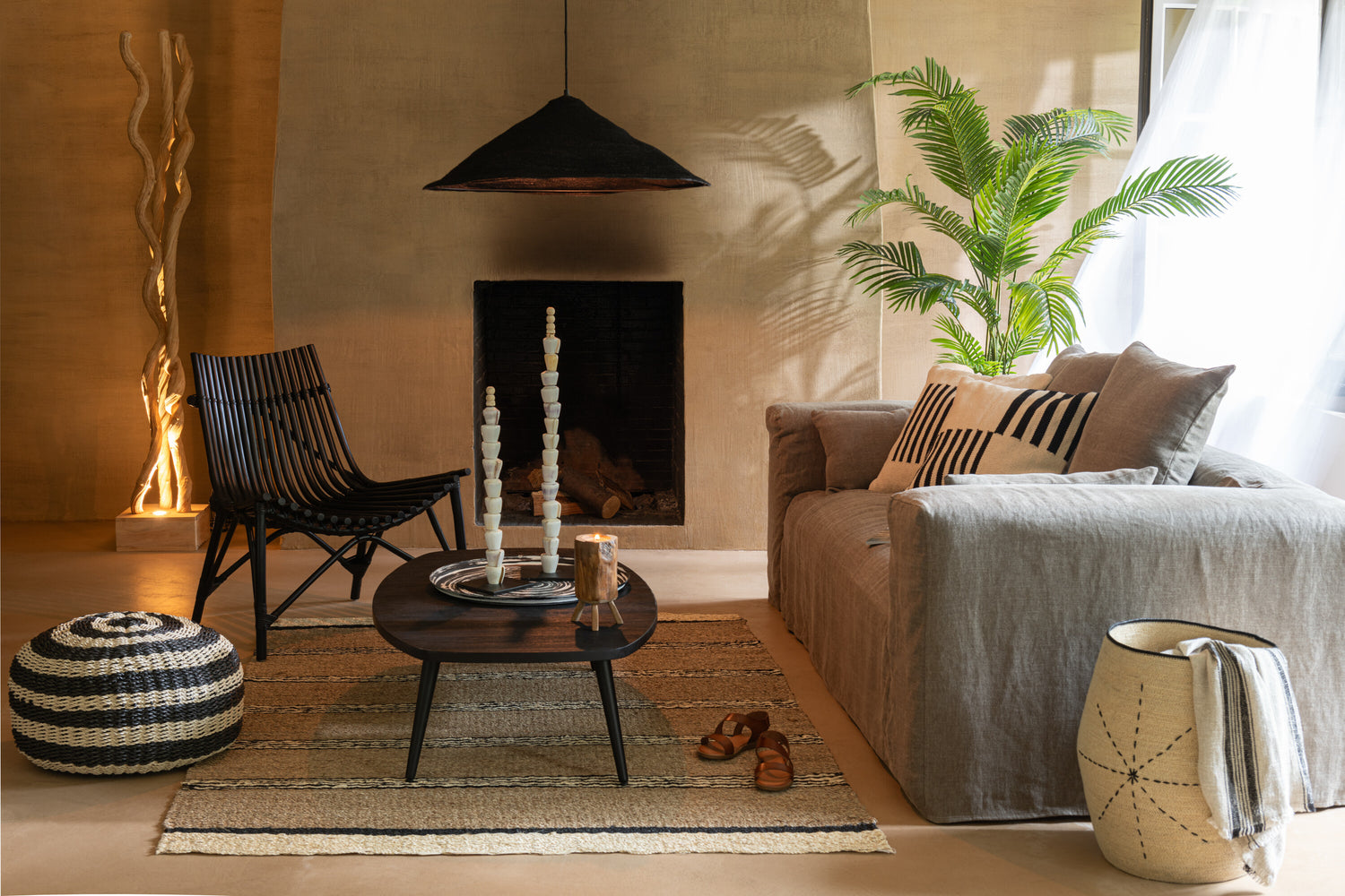 Pouf Ronde Strepen Geweven Plastic Zwart/Natuurlijk