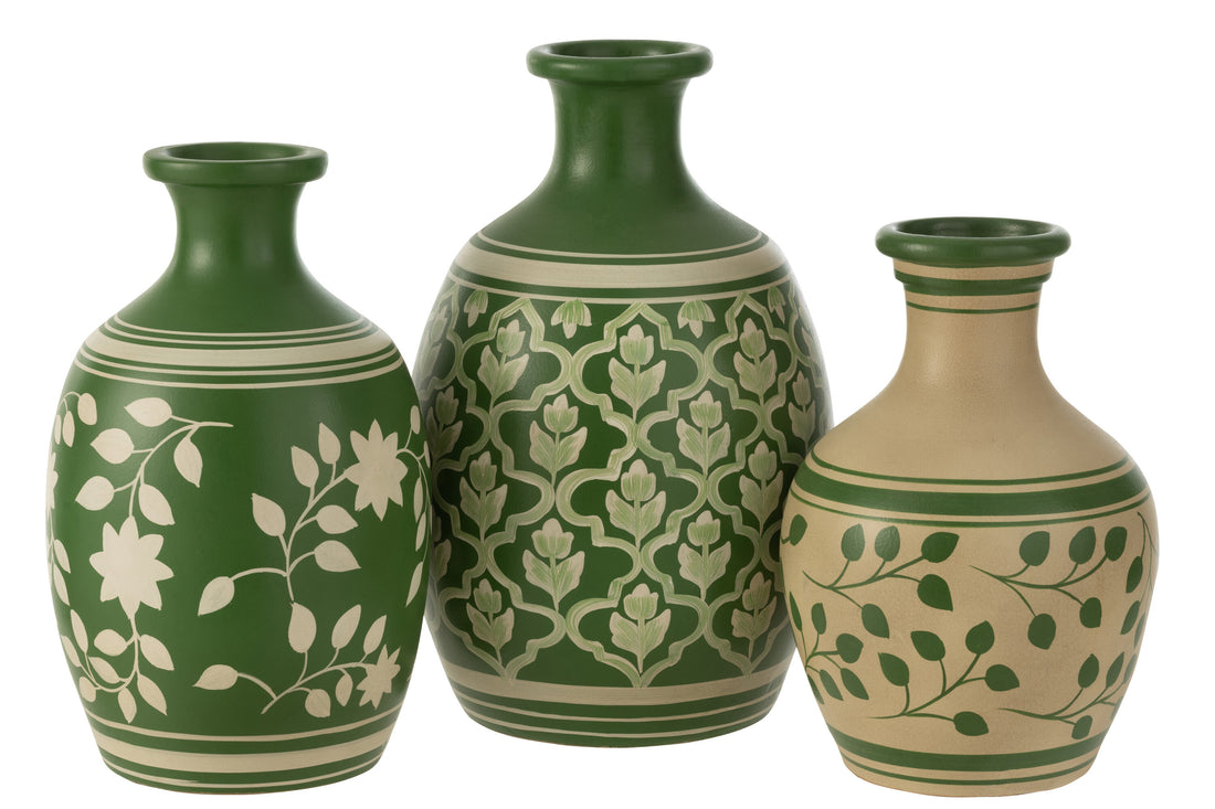 J-Line vaas Bloemen + Lijnen Terracotta - keramiek - groen/wit