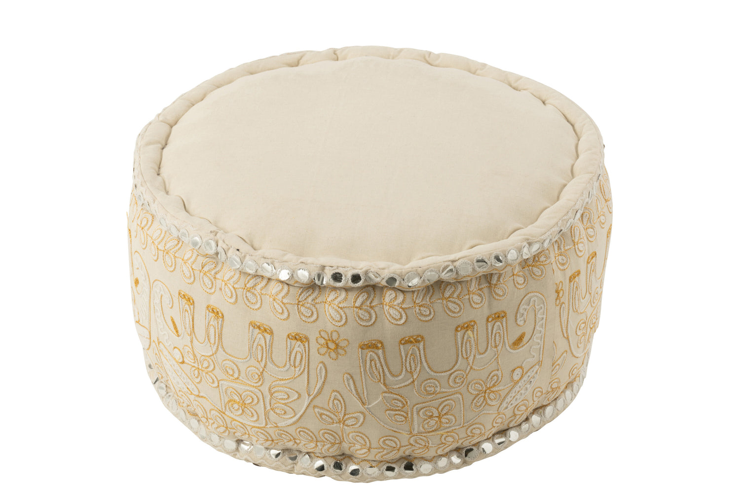 J-Line Poef Rond Olifanten+Spiegels Katoen Creme/Goud Large