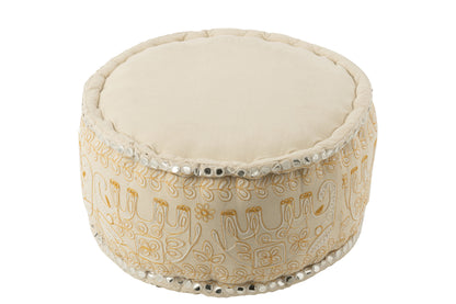 J-Line Poef Rond Olifanten+Spiegels Katoen Creme/Goud Large