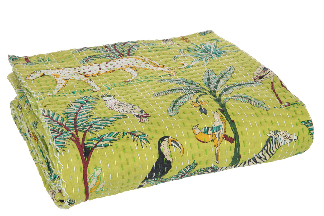 J-Line Plaid/Strand Mat Exotisch Dieren/Planten Hechtingen Katoen Groen Large