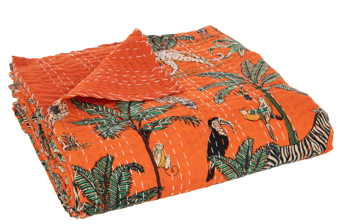 J-Line Plaid/Strand Mat Exotisch Dieren/Planten Hechtingen Katoen Oranje Large