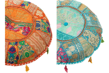 Pouf Ronde Plat Patroon+Kwastjes Katoen Oranje/Blauw Assortiment Van 2
