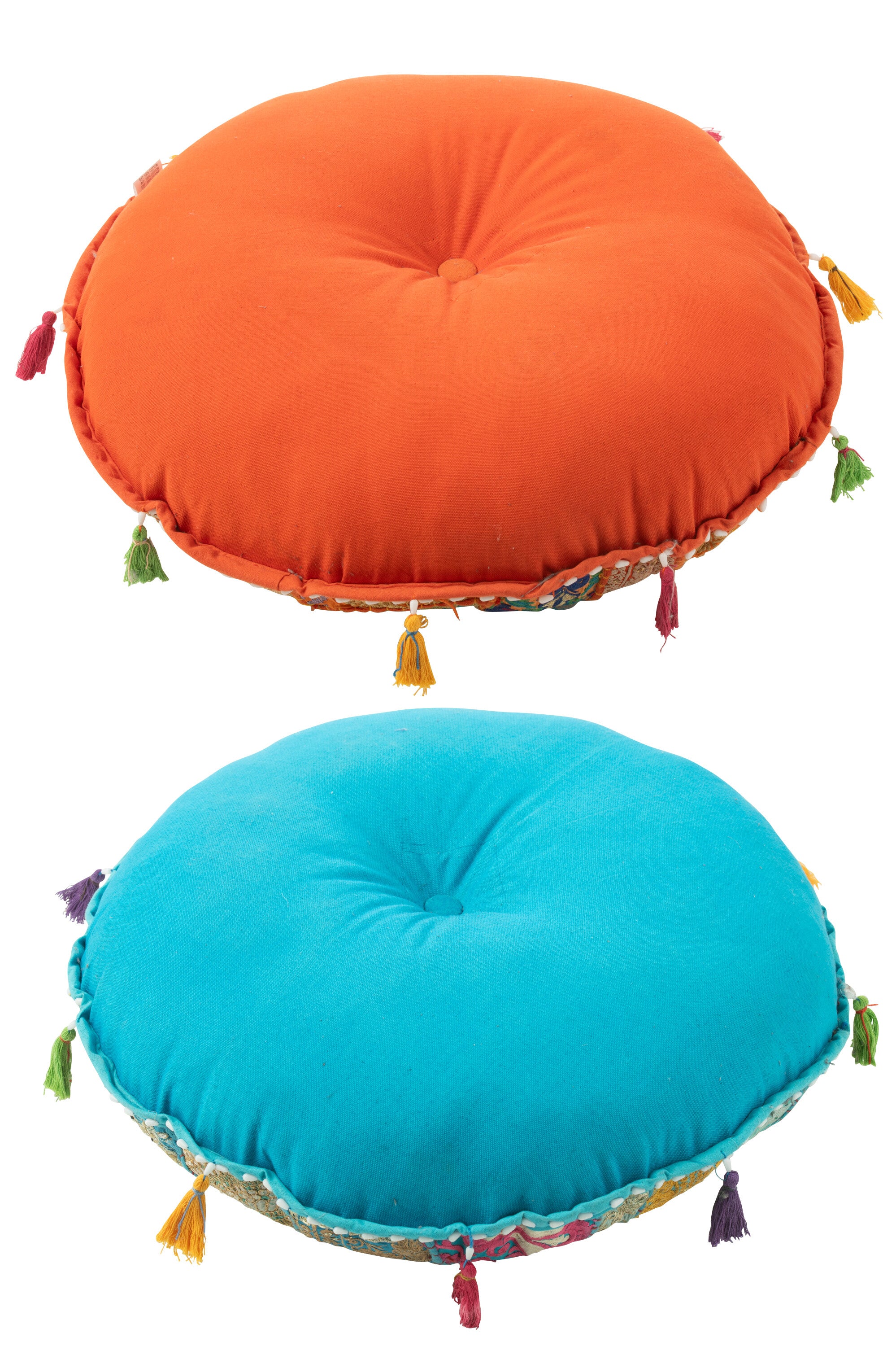 Pouf Ronde Plat Patroon+Kwastjes Katoen Oranje/Blauw Assortiment Van 2