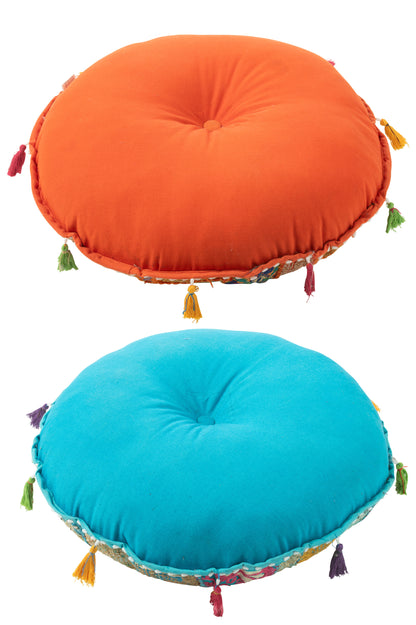 Pouf Ronde Plat Patroon+Kwastjes Katoen Oranje/Blauw Assortiment Van 2