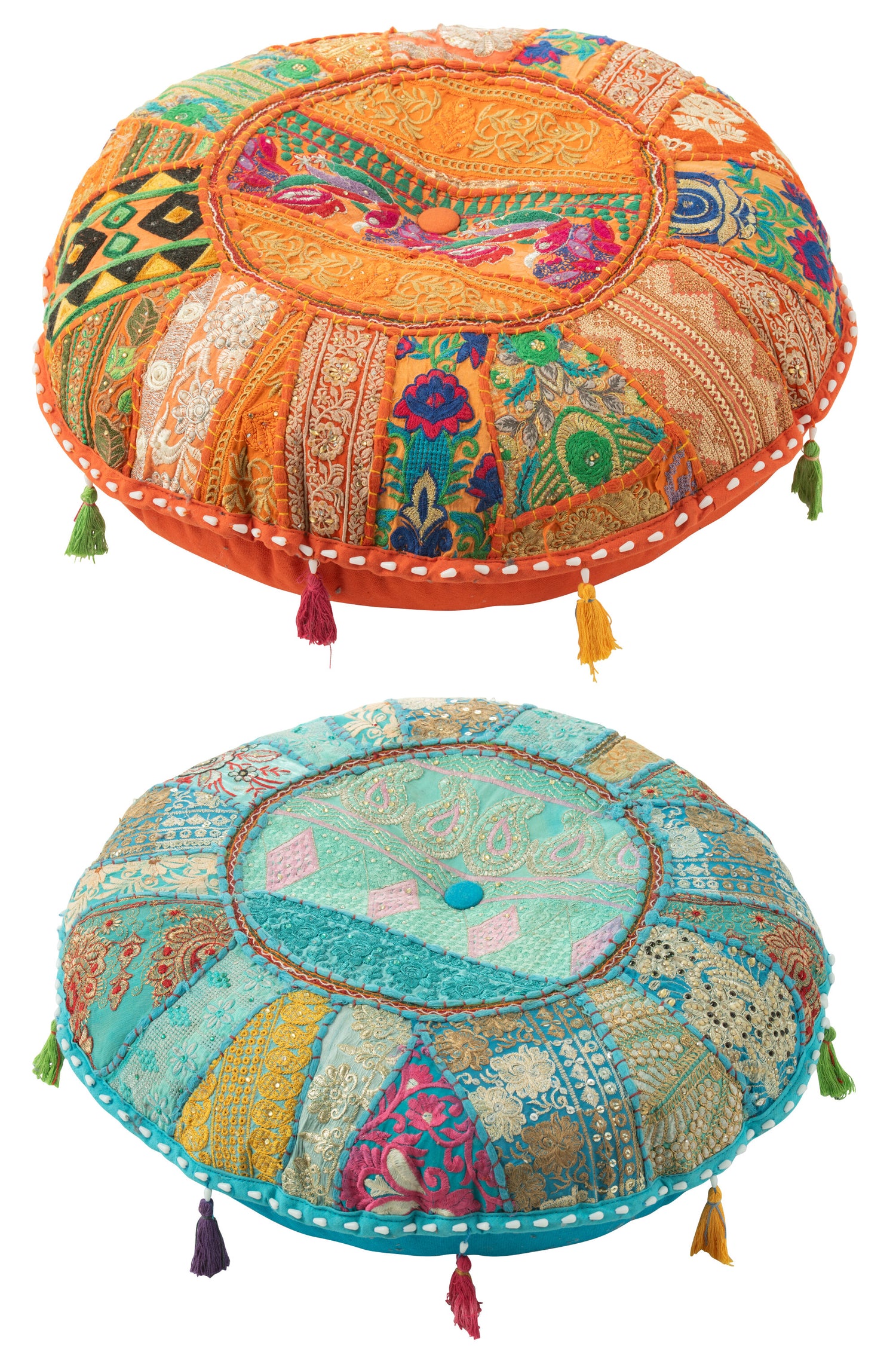 Pouf Ronde Plat Patroon+Kwastjes Katoen Oranje/Blauw Assortiment Van 2