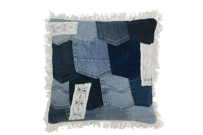 J-Line Kussen Lapwerk Denim/Katoen Blauw/Wit