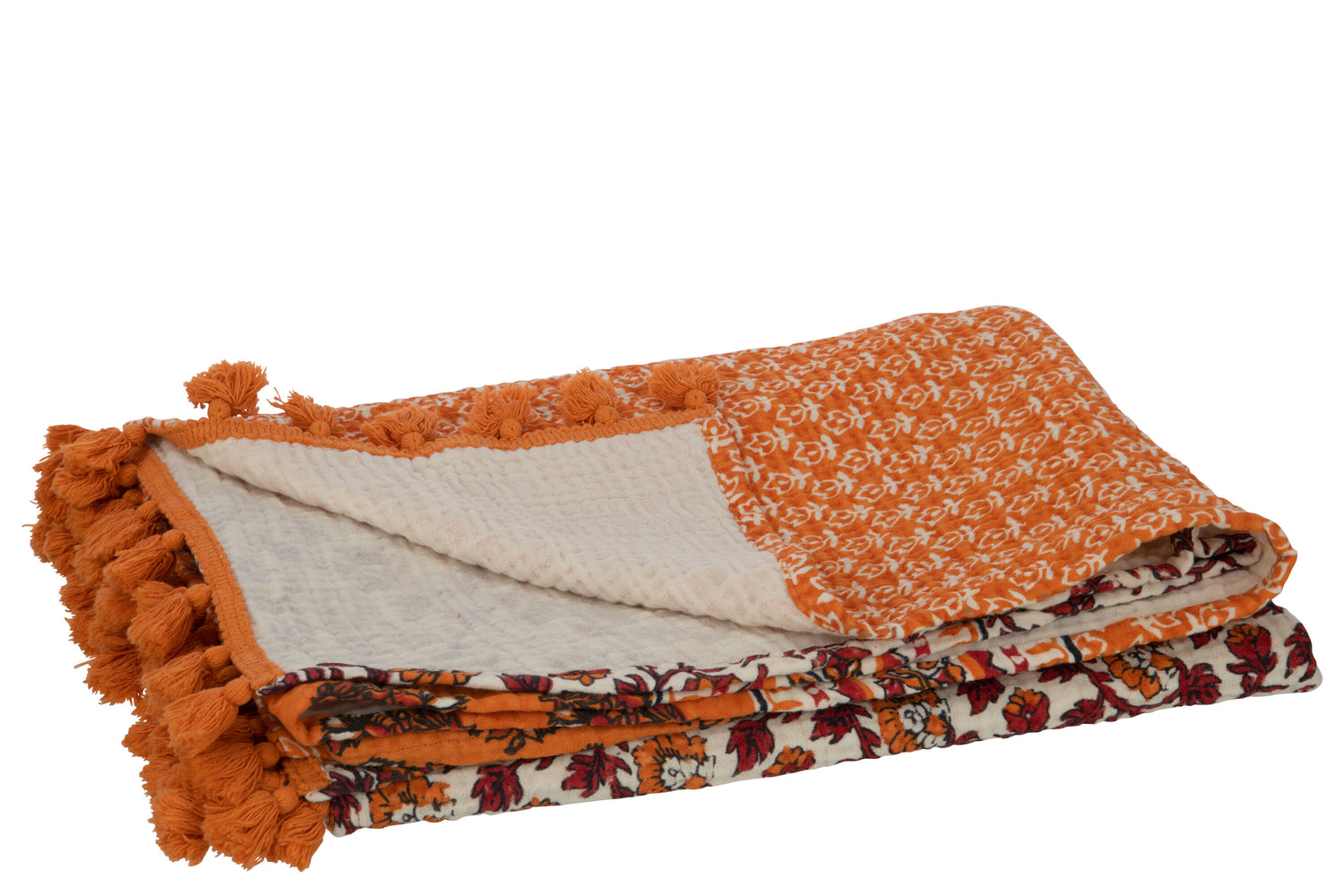 J-Line Plaid/Strand Mat Bloemen Katoen Oranje