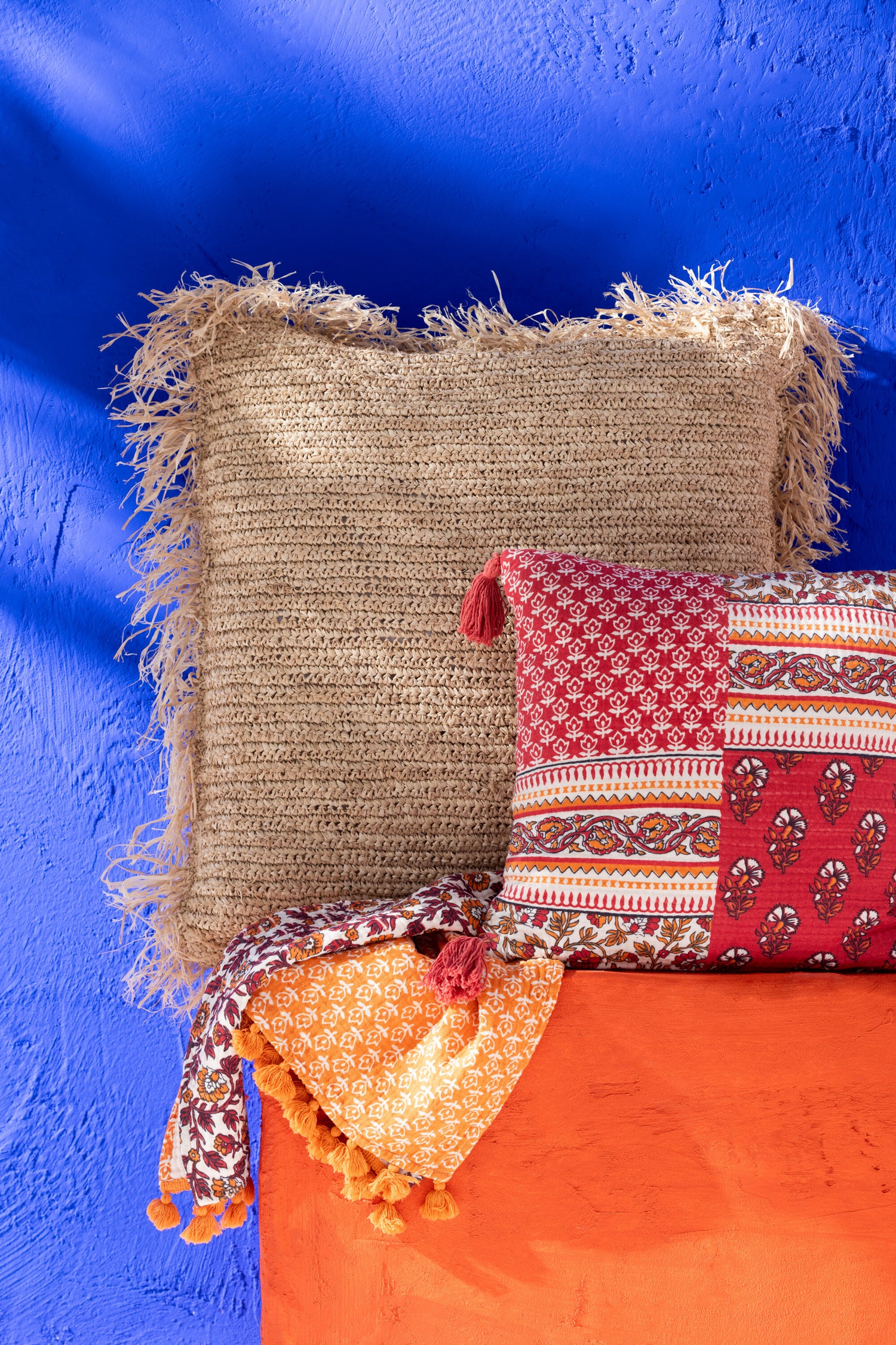 J-Line Plaid/Strand Mat Bloemen Katoen Oranje