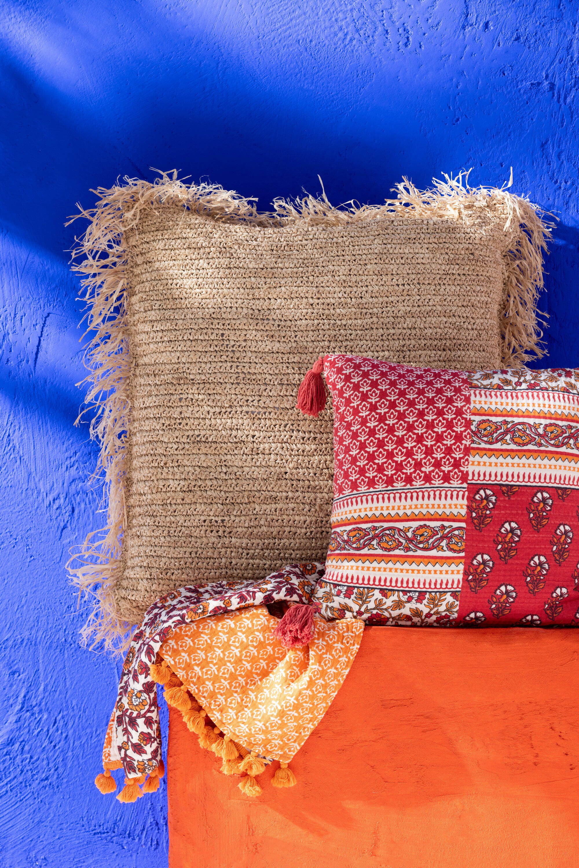 J-Line Plaid/Strand Mat Bloemen Katoen Oranje